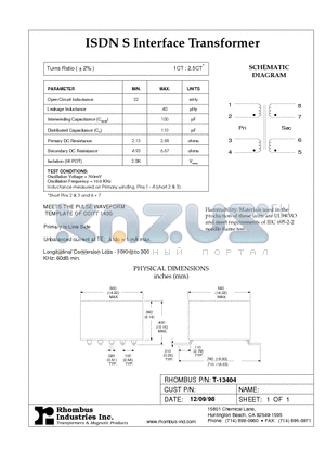 T-13404 datasheet - ISDN S Interface Transformer