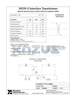 T-13450 datasheet - ISDN S Interface Transformer