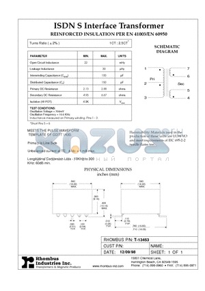 T-13453 datasheet - ISDN S Interface Transformer