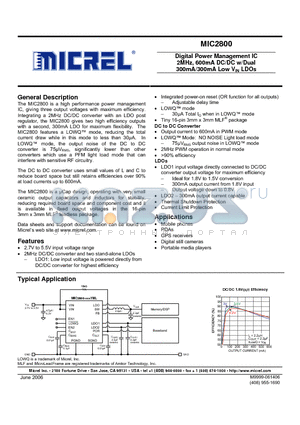 MIC2800-187YML datasheet - Digital Power Management IC 2MHz, 600mA DC/DC w/Dual 300mA/300mA Low VIN LDOs