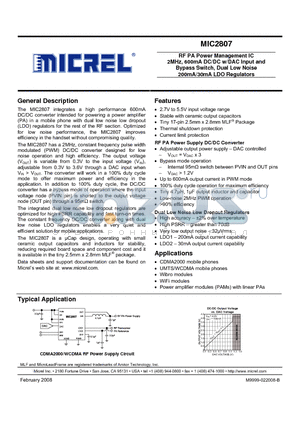 MIC2807-NNYML datasheet - RF PA Power Management IC 2MHz, 600mA DC/DC w/DAC Input and Bypass Switch, Dual Low Noise