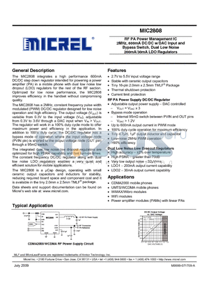 MIC2808 datasheet - RF PA Power Management IC 2MHz, 600mA DC/DC w/DAC Input and Bypass Switch, Dual Low Noise 200mA/30mA LDO Regulators