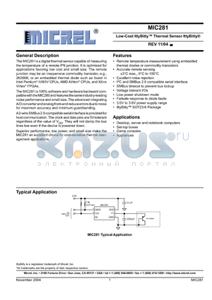 MIC281 datasheet - Low-Cost IttyBitty Thermal Sensor IttyBitty