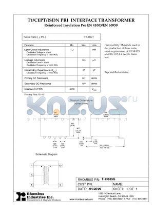 T-13635G datasheet - T1/CEPT/ISDN PRI INTERFACE TRANSFORMER