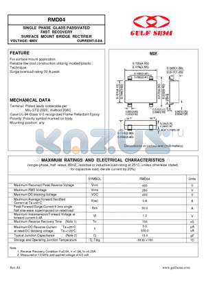 RMD04 datasheet - SINGLE PHASE GLASS PASSIVATED FAST RECOVERY SURFACE MOUNT BRIDGE RECTIFIER VOLTAGE: 400V CURRENT:0.8A