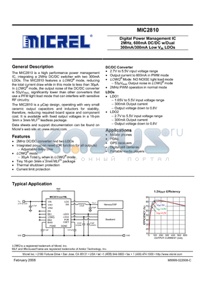 MIC2810-44MYML datasheet - Digital Power Management IC 2MHz, 600mA DC/DC w/Dual 300mA/300mA Low VIN LDOs