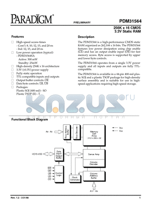 PDM31584SA12TATY datasheet - 256 X 16 CMOS 3.3V STATIC RAM