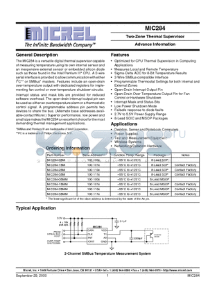 MIC284 datasheet - Two-Zone Thermal Supervisor Advance Information