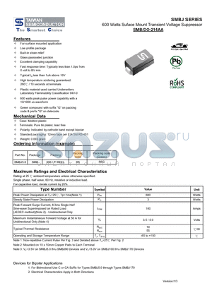 SMBJ78 datasheet - 600 Watts Suface Mount Transient Voltage Suppressor