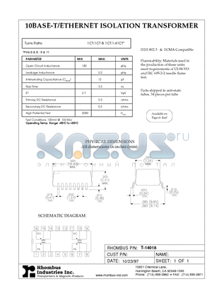 T-14018 datasheet - 10BASE-T/ETHERNET ISOLATION TRANSFORMER