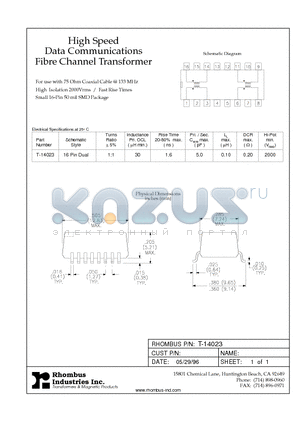 T-14023 datasheet - High Speed Data Communications Fibre Channel Transformer