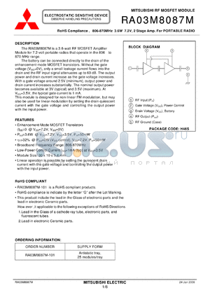 RA03M8087M_06 datasheet - RoHS Compliance , 806-870MHz 3.6W 7.2V, 2 Stage Amp. For PORTABLE RADIO