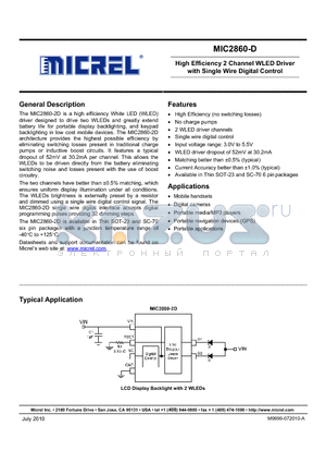 MIC2860-2DYD6 datasheet - High Efficiency 2 Channel WLED Driver with Single Wire Digital Control