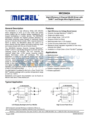 MIC2842AYMT datasheet - High Efficiency 4 Channel WLED Driver with DAM and Single Wire Digital Control