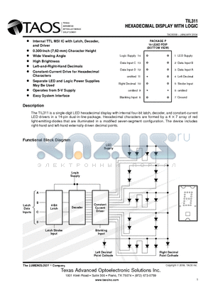 TIL311 datasheet - HEXADECIMAL DISPLAY WITH LOGIC