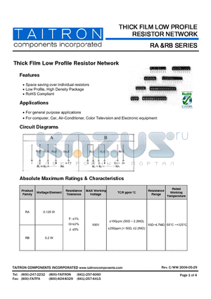 RA05103K-XX-AR datasheet - Thick Film Low Profile Resistor Network