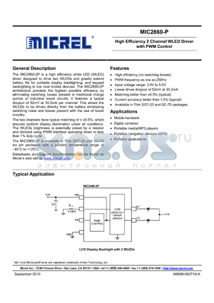 MIC2860-2PYC6 datasheet - High Efficiency 2 Channel WLED Driver with PWM Control