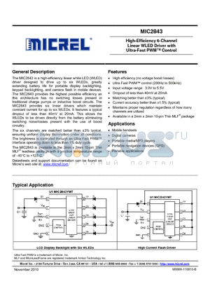 MIC2843 datasheet - High-Efficiency 6-Channel Linear WLED Driver with Ultra-Fast PWM Control