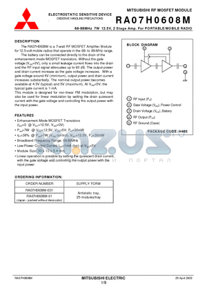 RA07H0608M-01 datasheet - MITSUBISHI RF MOSFET MODULE