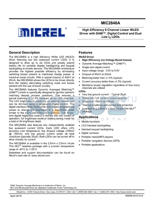 MIC2846A datasheet - High Efficiency 6 Channel Linear WLED Driver with DAM, Digital Control and Dual Low IQ LDOs