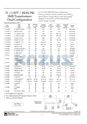 T-14107 datasheet - T1 / CEPT / ISDN PRI SMD Transformers Dual Configuration