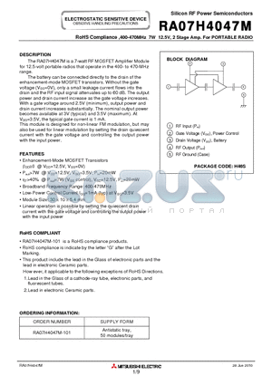 RA07H4047M-101 datasheet - RoHS Compliance ,400-470MHz 7W 12.5V, 2 Stage Amp. For PORTABLE RADIO