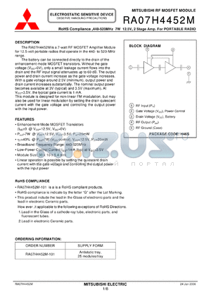 RA07H4452M datasheet - RoHS Compliance ,440-520MHz 7W 12.5V, 2 Stage Amp. For PORTABLE RADIO