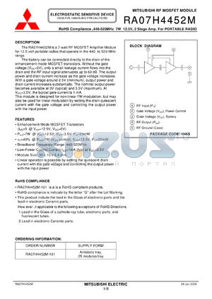 RA07H4452M-101 datasheet - RoHS Compliance ,440-520MHz 7W 12.5V, 2 Stage Amp. For PORTABLE RADIO