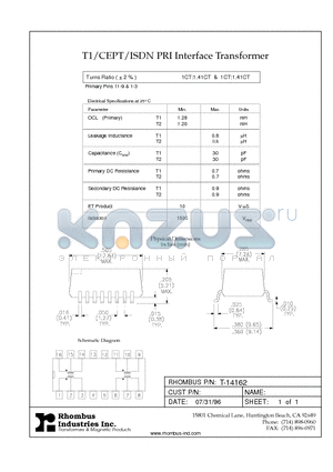 T-14162 datasheet - T1/CEPT/ISDN PRI Interface Transformer