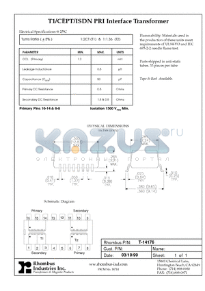 T-14176 datasheet - T1/CEPT/ISDN PRI Interface Transformer