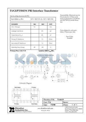 T-14177 datasheet - T1/CEPT/ISDN PRI Interface Transformer