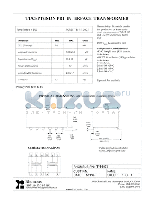 T-14401 datasheet - T1/CEPT/ISDN PRI INTERFACE TRANSFORMER