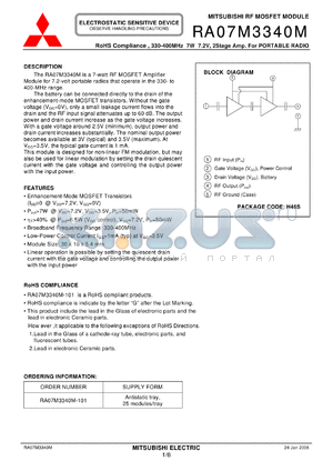 RA07M3340M_06 datasheet - RoHS Compliance , 330-400MHz 7W 7.2V, 2Stage Amp. For PORTABLE RADIO
