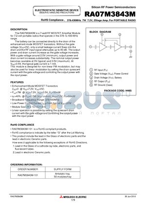 RA07M3843M-101 datasheet - RoHS Compliance , 378-430MHz 7W 7.2V, 2Stage Amp. For PORTABLE RADIO