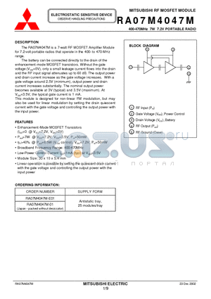 RA07M4047M datasheet - 400-470MHz 7W 7.2V PORTABLE RADIO