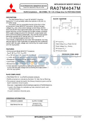 RA07M4047M-101 datasheet - RoHS Compliance , 400-470MHz 7W 7.2V, 2 Stage Amp. For PORTABLE RADIO