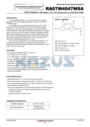 RA07M4047MSA-101 datasheet - RoHS Compliance , 400-470MHz 7.0W 7.2V, 2 Stage Amp. For PORTABLE RADIO