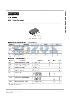 SB29003 datasheet - High Voltage Transistor