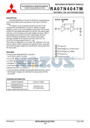 RA07N4047M-E01 datasheet - MITSUBISHI RF MOSFET MODULE