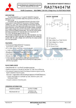 RA07N4047M_06 datasheet - RoHS Compliance , 400-470MHz 7.5W 9.6V, 2 Stage Amp. For PORTABLE RADIO