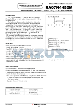 RA07N4452M-101 datasheet - RoHS Compliance , 440-520MHz 7.5W 9.6V, 2 Stage Amp. For PORTABLE RADIO