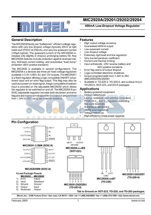 MIC2920A datasheet - 400mA Low-Dropout Voltage Regulator