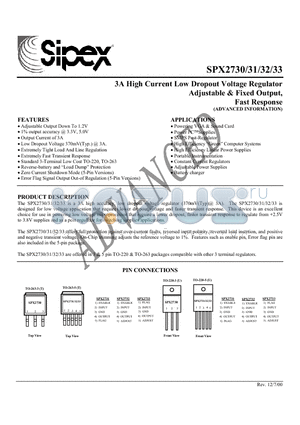 SPX2730U-3.3 datasheet - 3A High Current Low Dropout Voltage Regulator Adjustable & Fixed Output, Fast Response