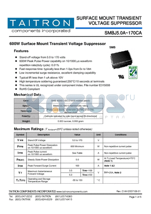 SMBJ8.5CA datasheet - 600W Surface Mount Transient Voltage Suppressor