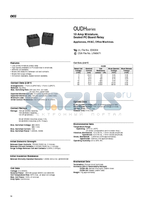 OUDH-SH-109D datasheet - 10 Amp Miniature, Sealed PC Board Relay