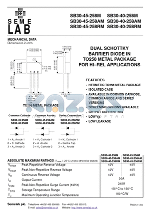 SB30-40-258AM datasheet - DUAL SCHOTTKY BARRIER DIODE IN TO258 METAL PACKAGE FOR HI-REL APPLICATIONS