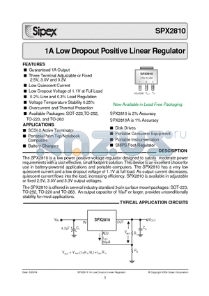 SPX2810AM3-1.5 datasheet - 1A Low Dropout Voltage Regulator Adjustable & Fixed Output, Fast Response
