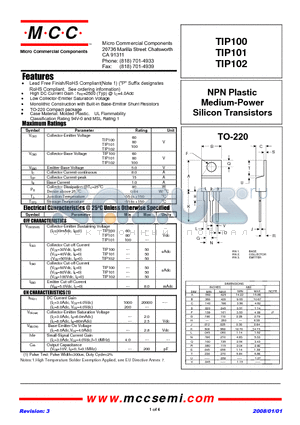 TIP100-BP datasheet - NPN Plastic Medium-Power Silicon Transistors