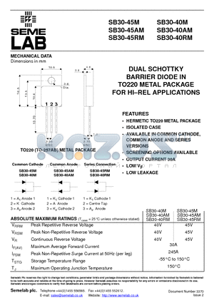 SB30-45RM datasheet - DUAL SCHOTTKY BARRIER DIODE IN TO220 METAL PACKAGE FOR HIREL APPLICATIONS
