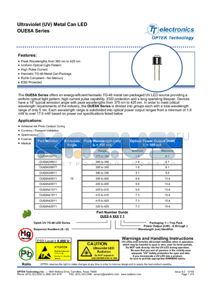 OUE8A380Y1 datasheet - Ultraviolet (UV) Metal Can LED